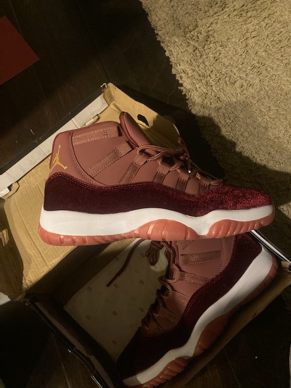 Maroon red velvet Jordan 11s