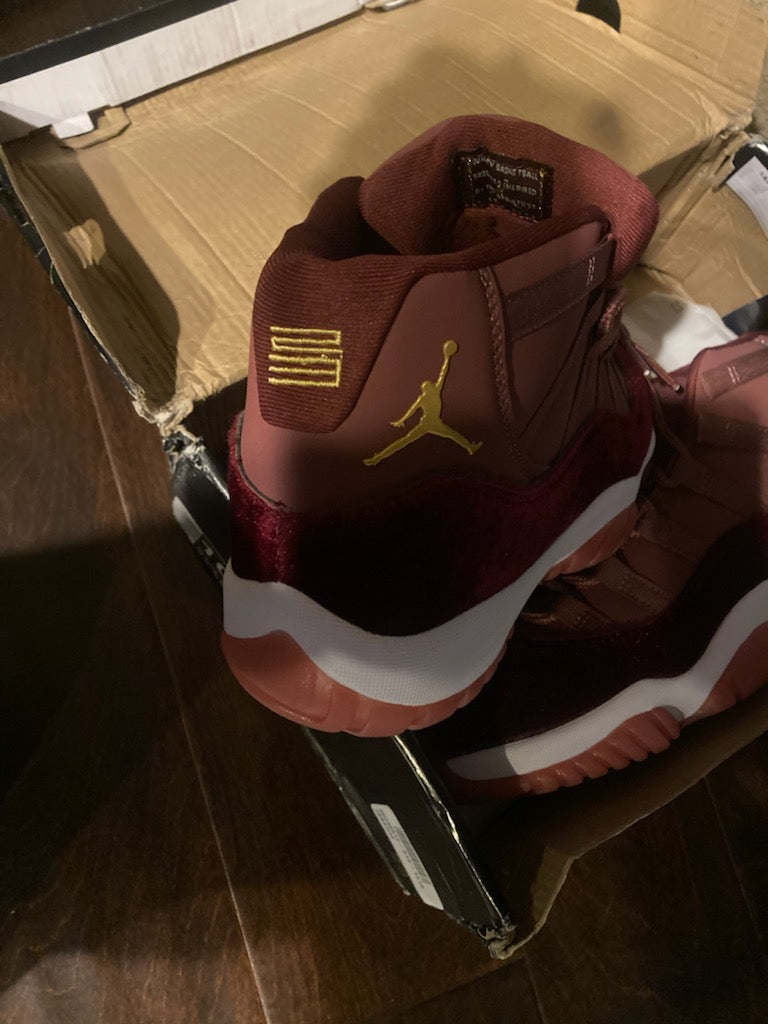 Maroon red velvet Jordan 11s