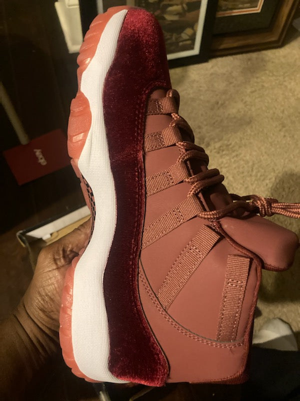 Maroon red velvet Jordan 11s