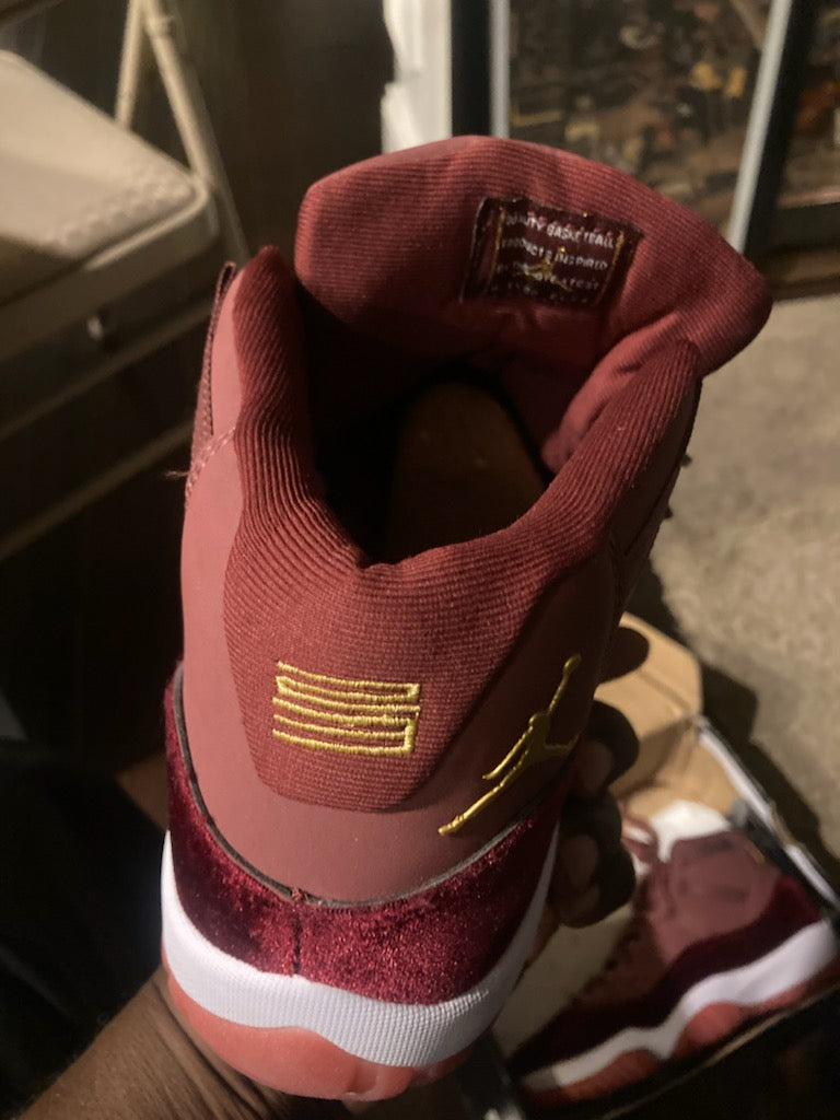 Maroon red velvet Jordan 11s