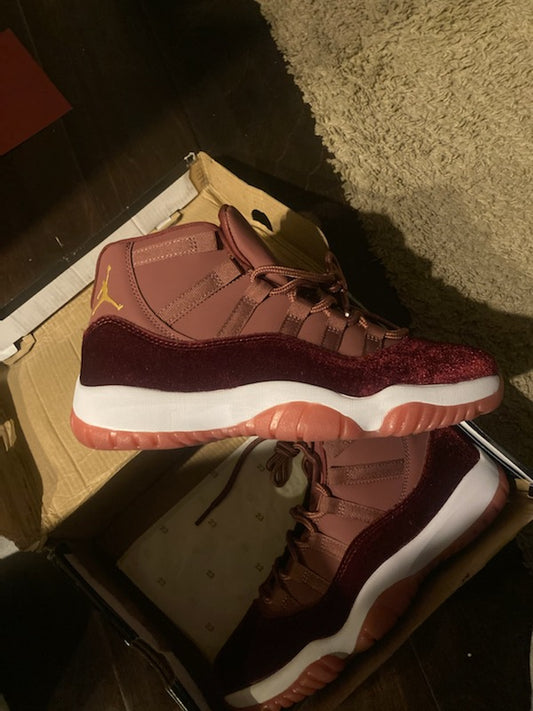 Maroon red velvet Jordan 11s